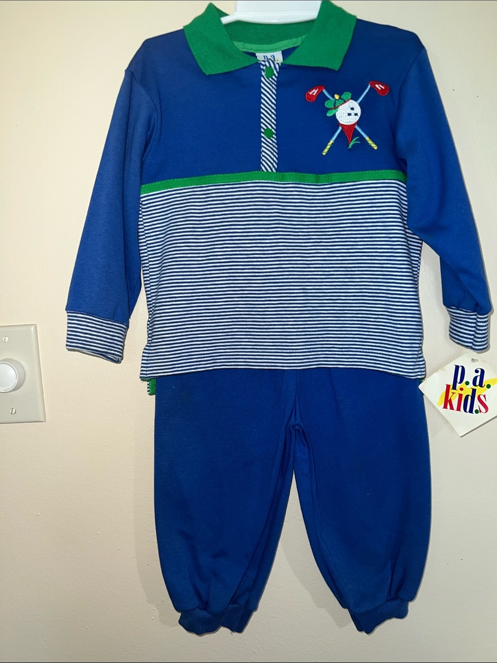 Vintage Kids Blue & Green Striped Polo Sweat Set with Golf Monogram
